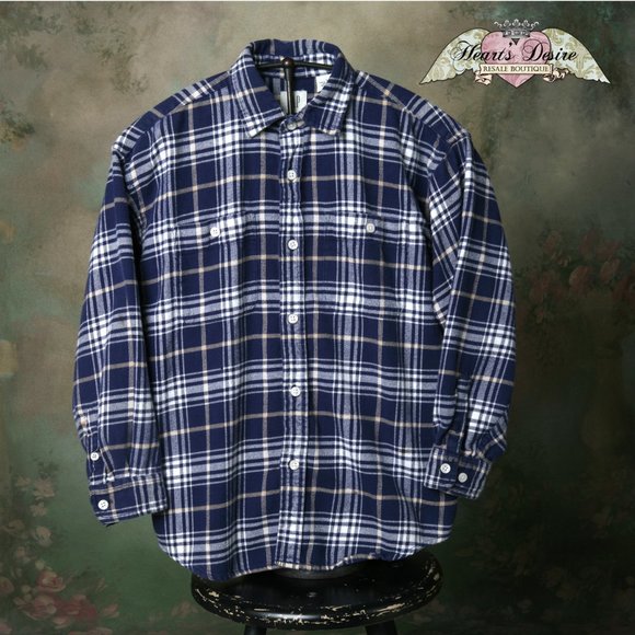 Gap Boys Flannel Button Down Shirt Navy White Khaki 2 Pocket Cozy Soft - Picture 1 of 6